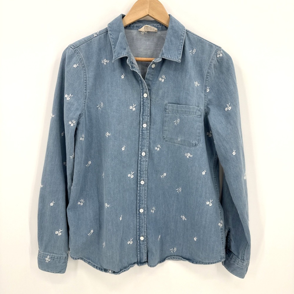 Sezane Womens Blue Embroidered Denim Floral Tomboy Shirt Size 36/Small French